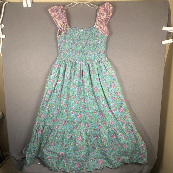 Islapayal Paris Midi Dress Womens Medium Teal Floral Smocked Off The Shoulder - Picture 2 of 8